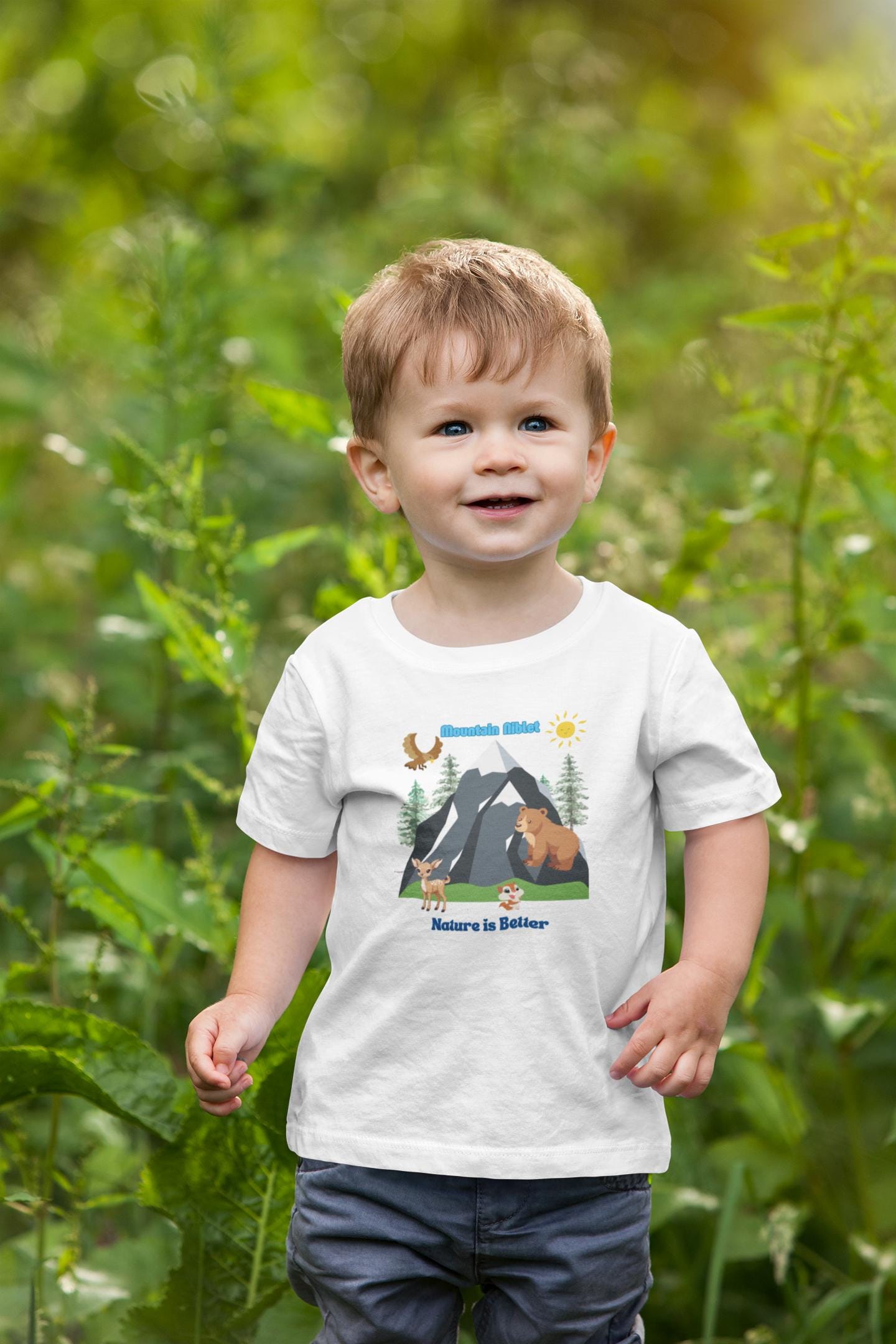 Baby jersey t-shirt/ cotton/ cute animals/ nature is better/ mountain scene/ niblet/ nature lover/