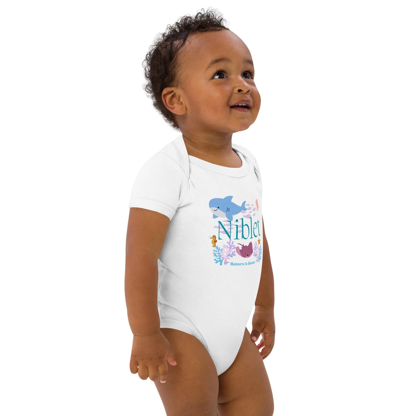 Organic cotton baby bodysuit ocean fish sea animals soft colorful onesie romper