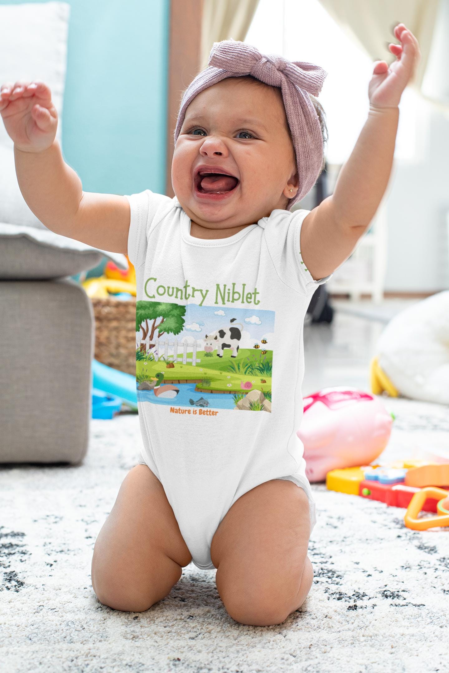 Organic cotton baby bodysuit Country farm animals cute colorful eco-friendly gender neutral rural scene