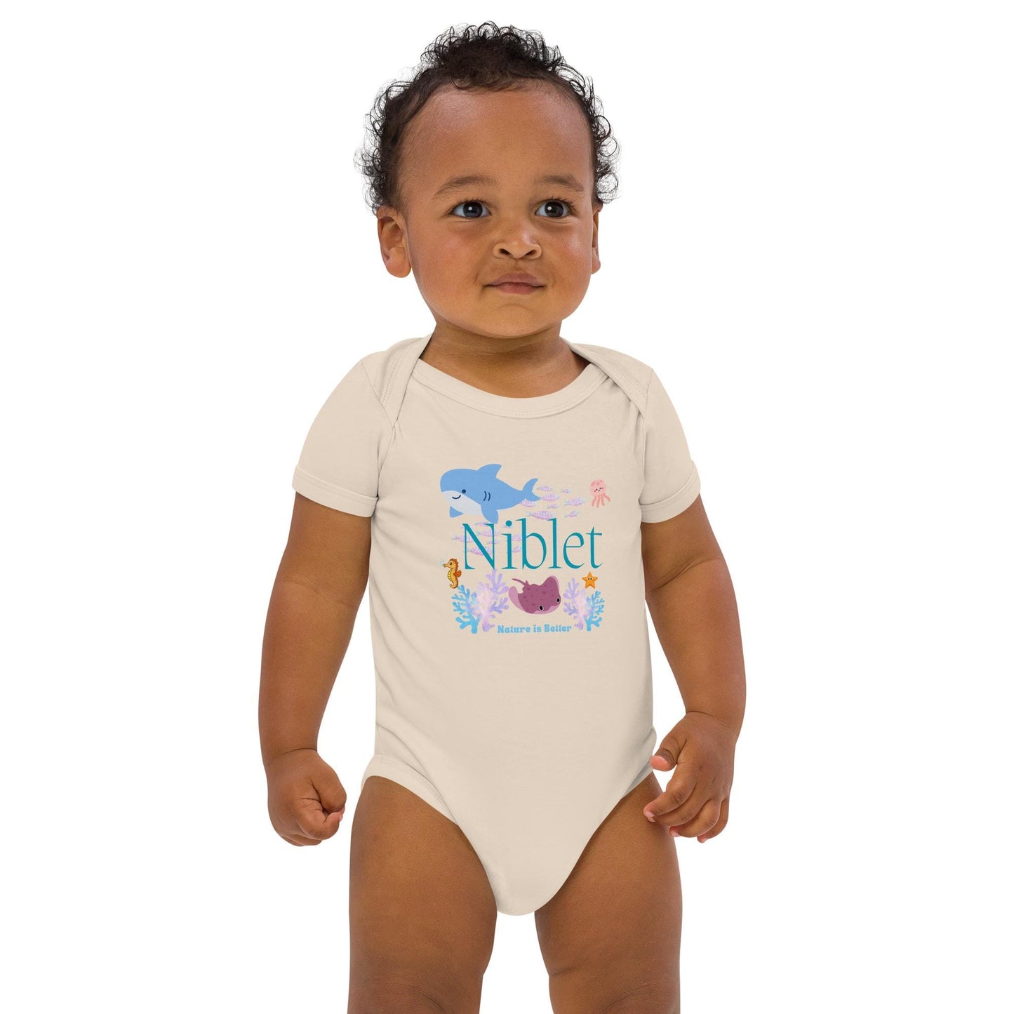 Organic cotton baby bodysuit ocean fish sea animals soft colorful onesie romper