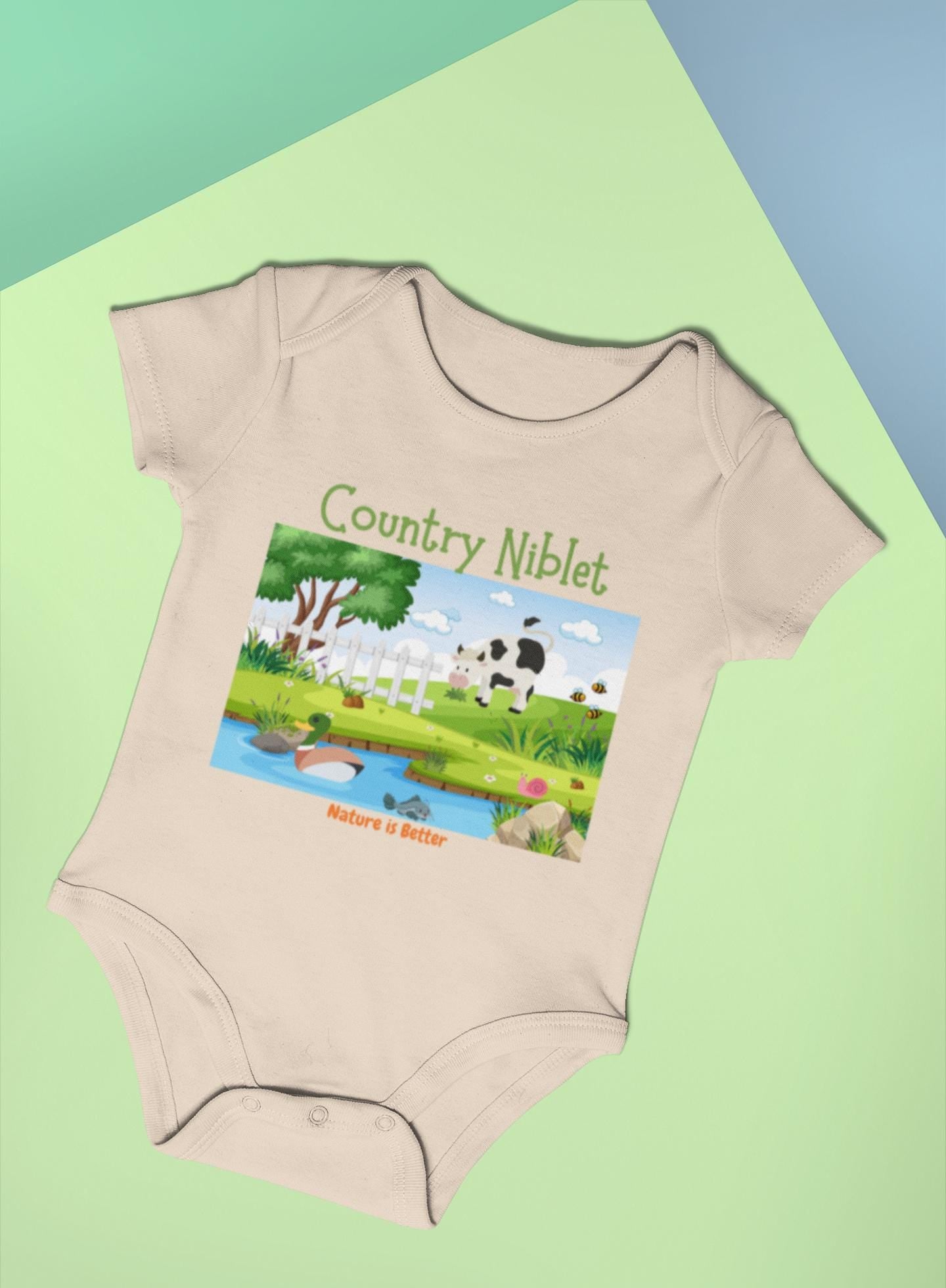 Organic cotton baby bodysuit Country farm animals cute colorful eco-friendly gender neutral rural scene