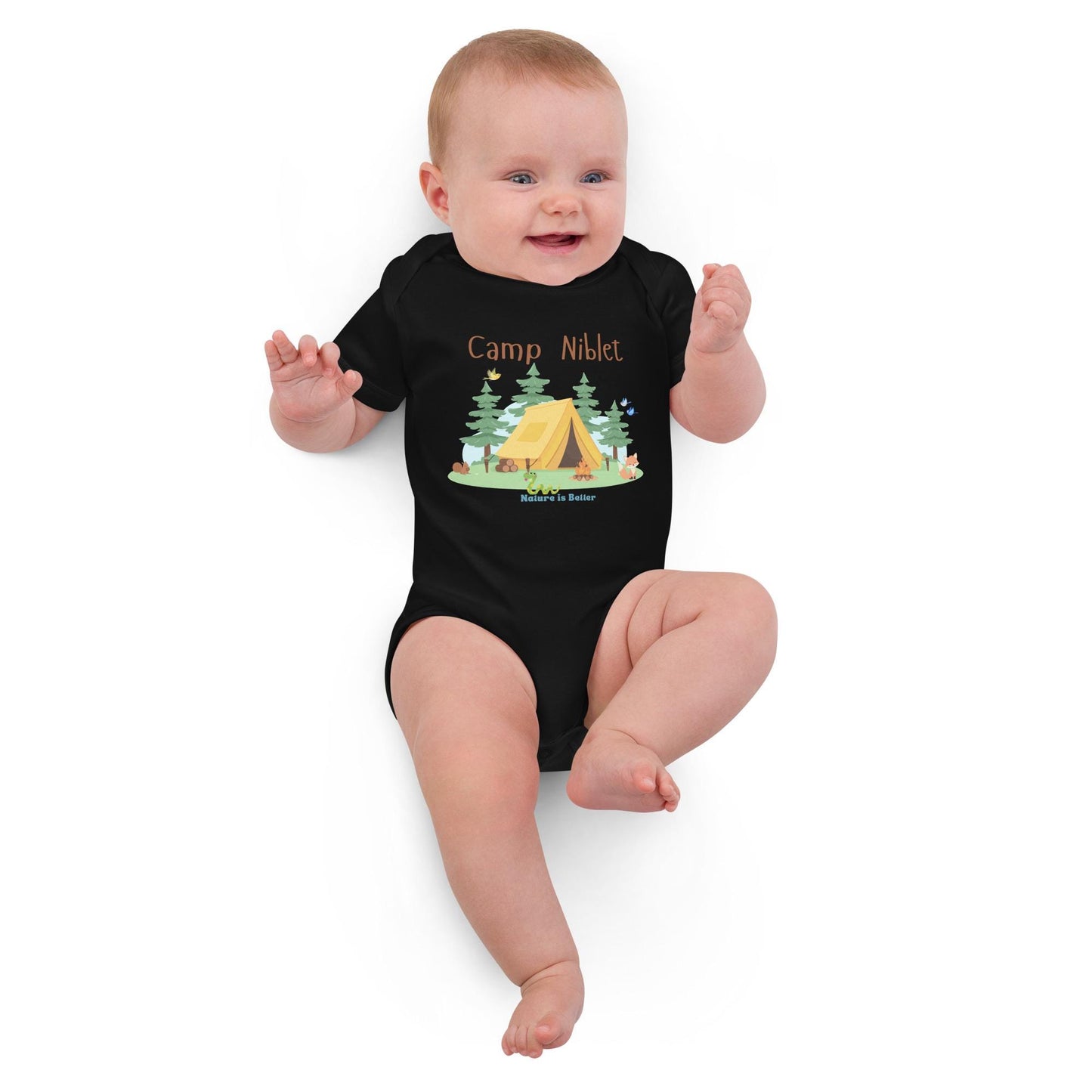 Organic cotton baby bodysuit with camp scene cute animals nature lover soft colorful