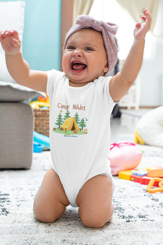 Organic cotton baby bodysuit with camp scene cute animals nature lover soft colorful