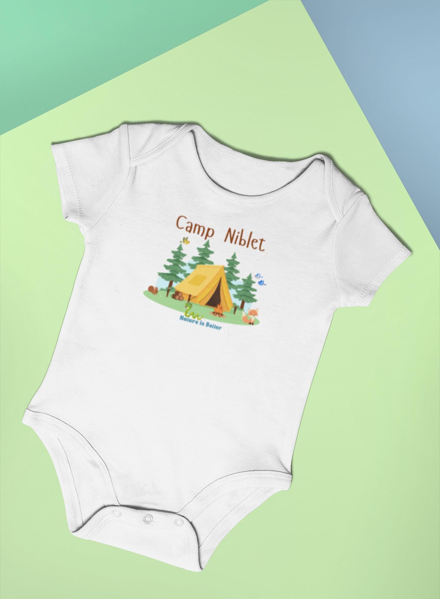 Organic cotton baby bodysuit with camp scene cute animals nature lover soft colorful