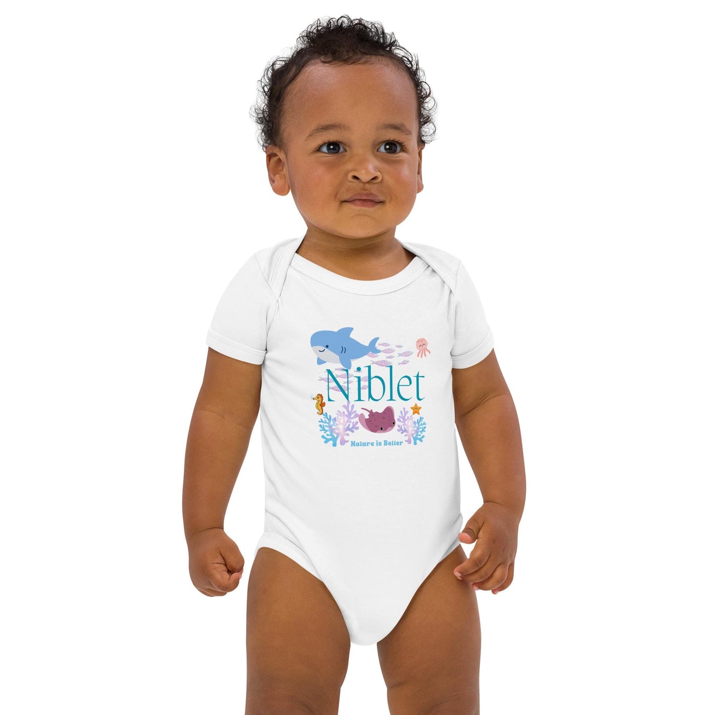 Organic cotton baby bodysuit ocean fish sea animals soft colorful onesie romper