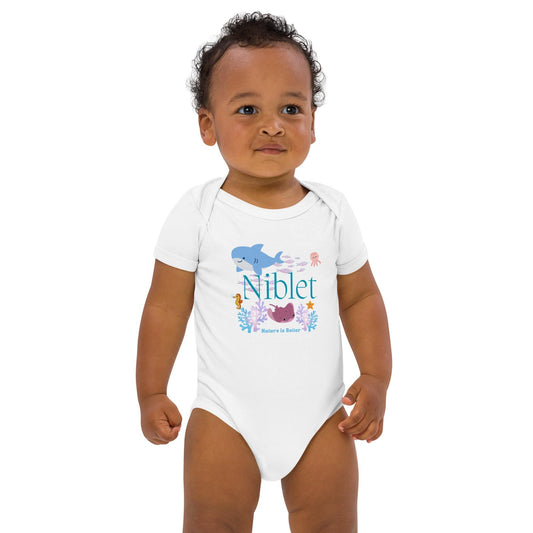 Organic cotton baby bodysuit ocean fish sea animals soft colorful onesie romper