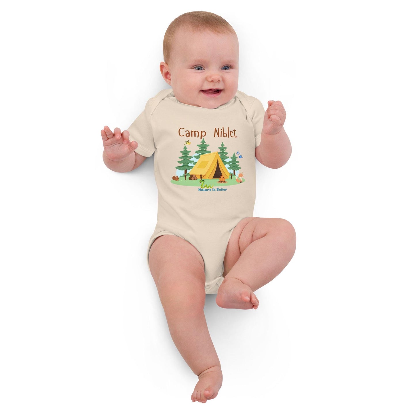 Organic cotton baby bodysuit with camp scene cute animals nature lover soft colorful