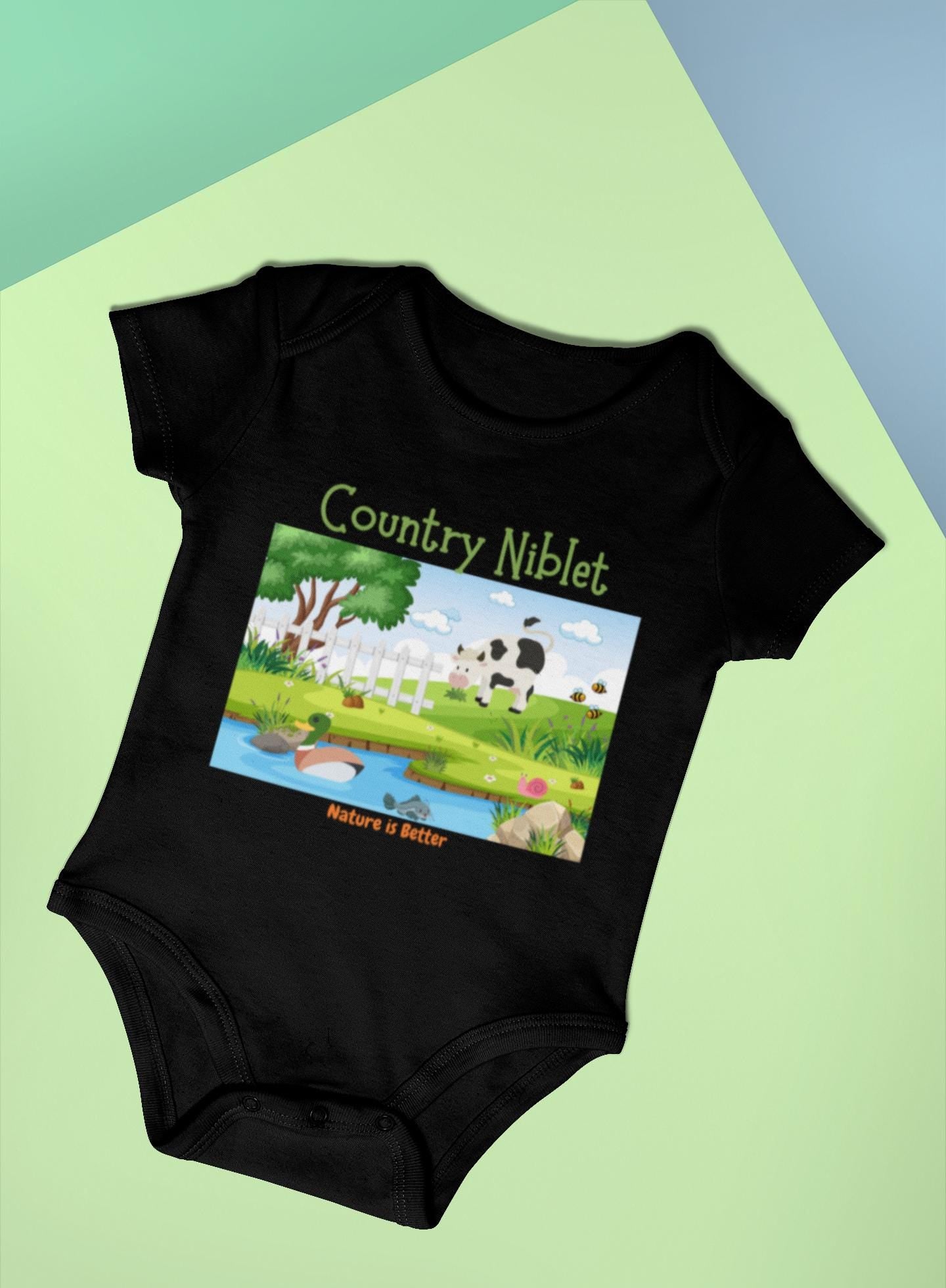 Organic cotton baby bodysuit Country farm animals cute colorful eco-friendly gender neutral rural scene