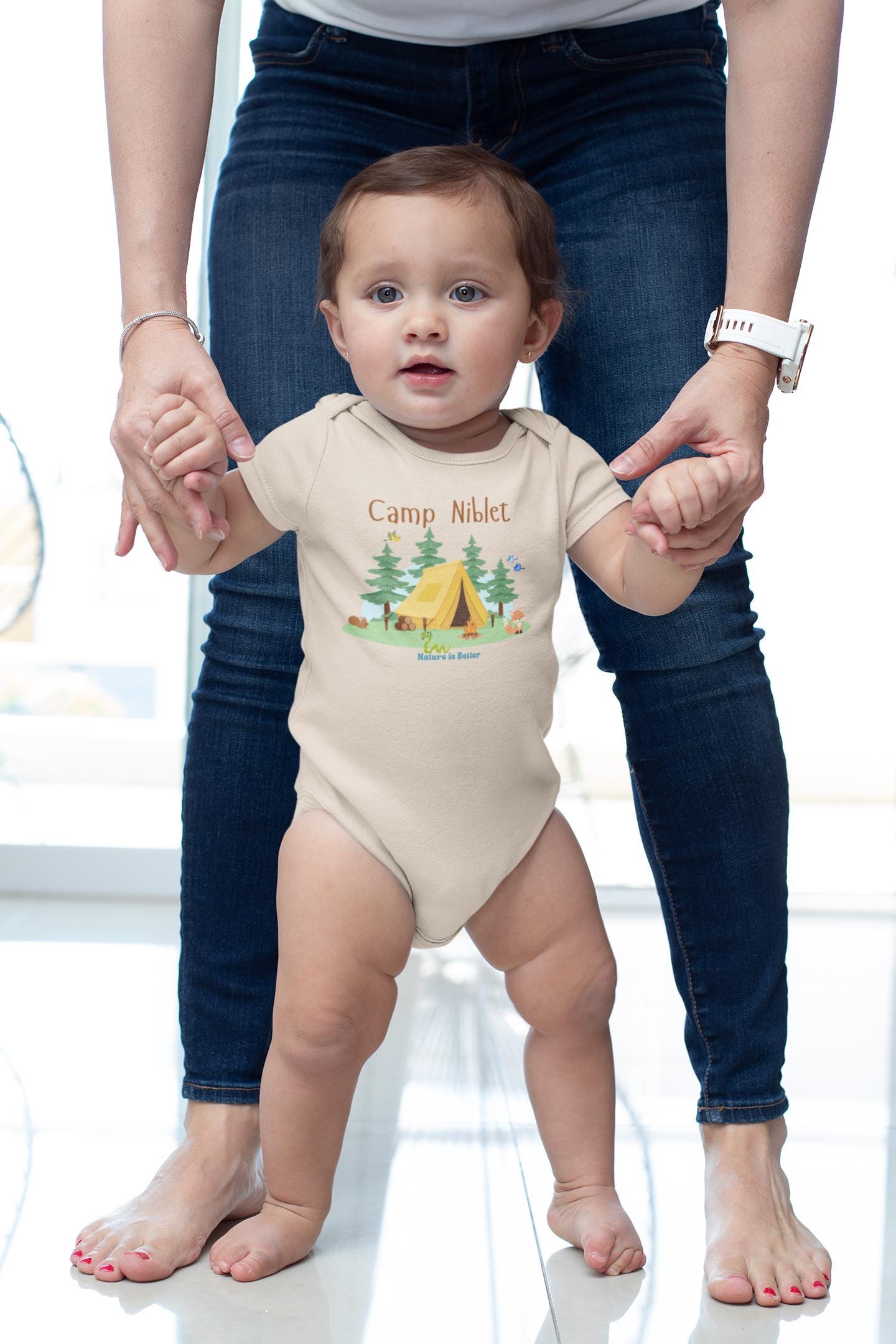 Organic cotton baby bodysuit with camp scene cute animals nature lover soft colorful