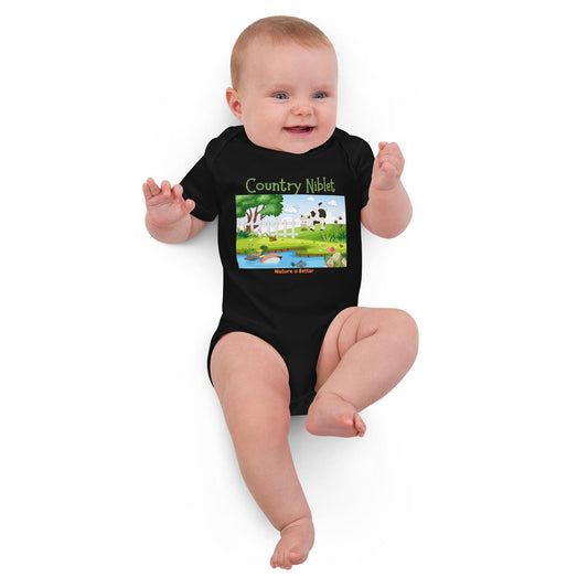 Organic cotton baby bodysuit Country farm animals cute colorful eco-friendly gender neutral rural scene