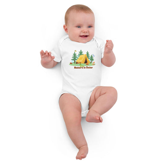 Organic cotton baby bodysuit gender neutral nature lover camping cute animals soft romper onesie