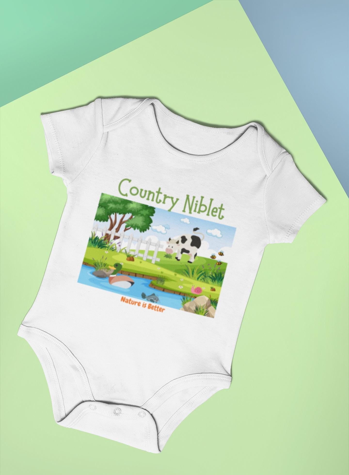 Organic cotton baby bodysuit Country farm animals cute colorful eco-friendly gender neutral rural scene