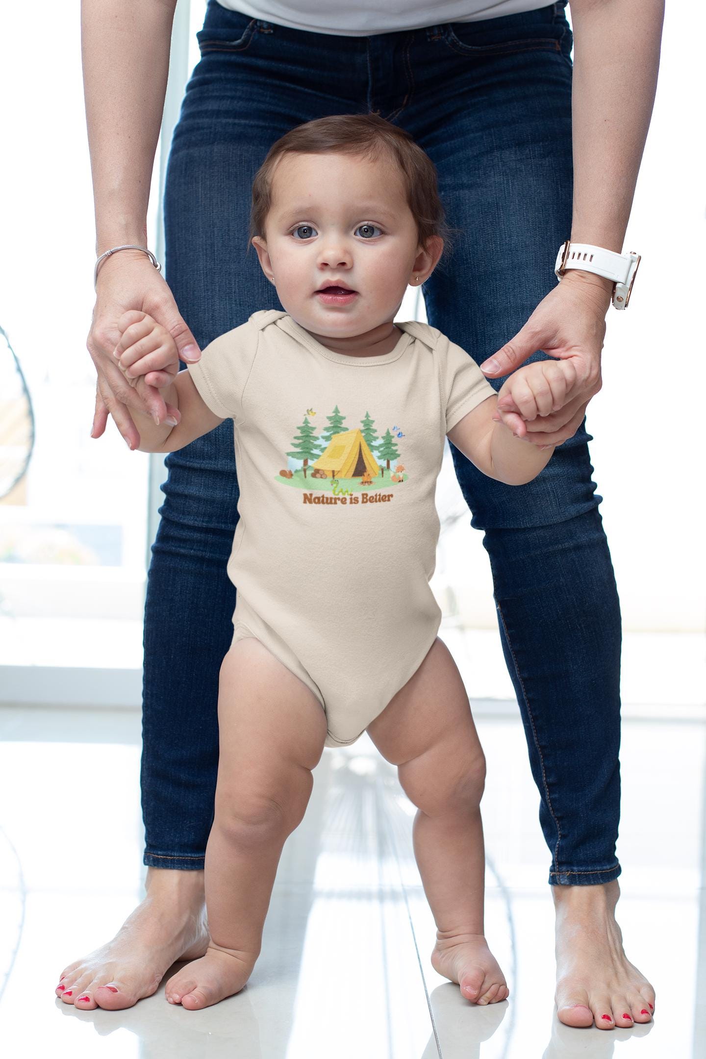 Organic cotton baby bodysuit gender neutral nature lover camping cute animals soft romper onesie