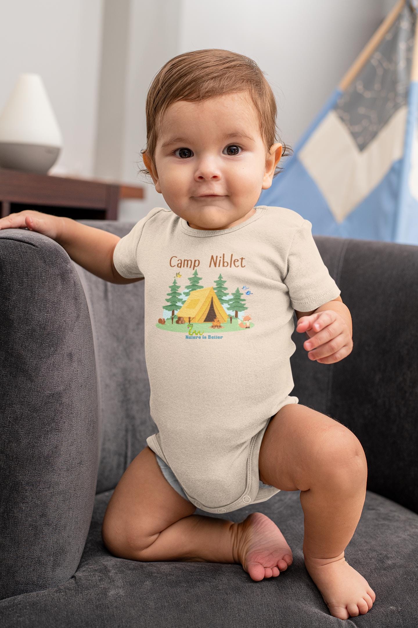 Organic cotton baby bodysuit with camp scene cute animals nature lover soft colorful