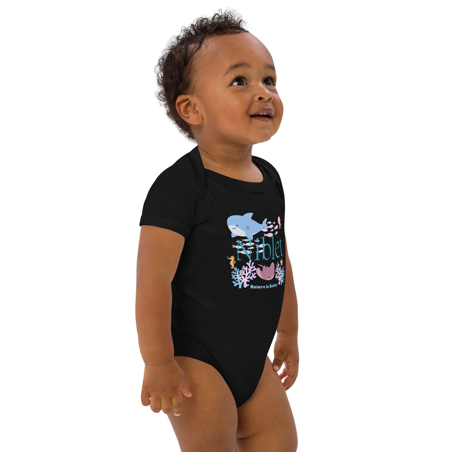 Organic cotton baby bodysuit ocean fish sea animals soft colorful onesie romper