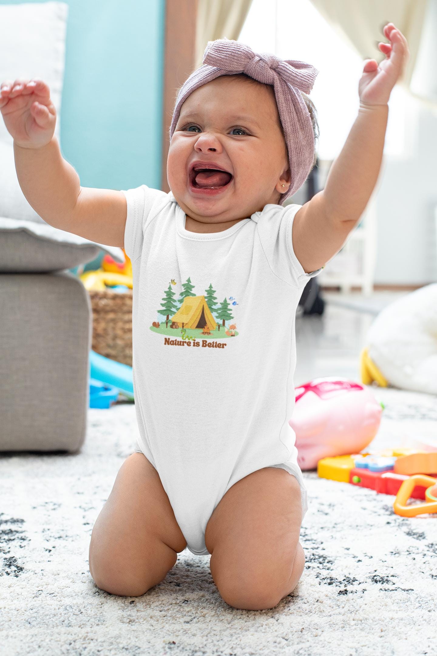 Organic cotton baby bodysuit gender neutral nature lover camping cute animals soft romper onesie