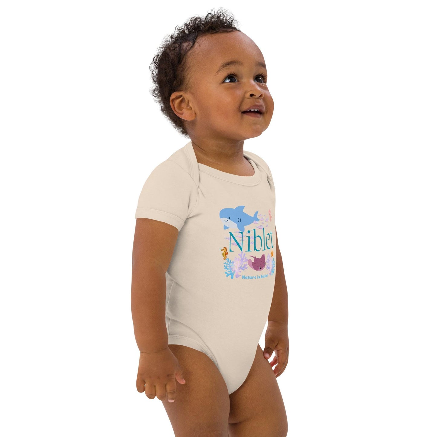Organic cotton baby bodysuit ocean fish sea animals soft colorful onesie romper