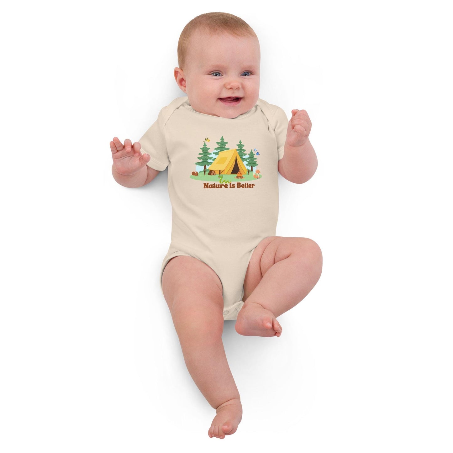 Organic cotton baby bodysuit gender neutral nature lover camping cute animals soft romper onesie