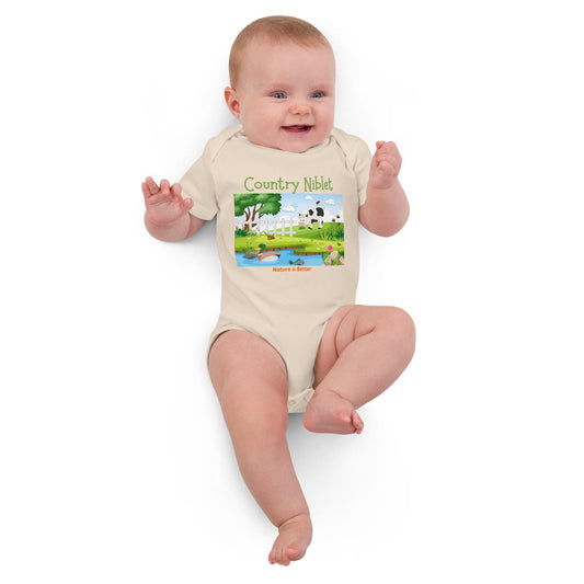 Organic cotton baby bodysuit Country farm animals cute colorful eco-friendly gender neutral rural scene