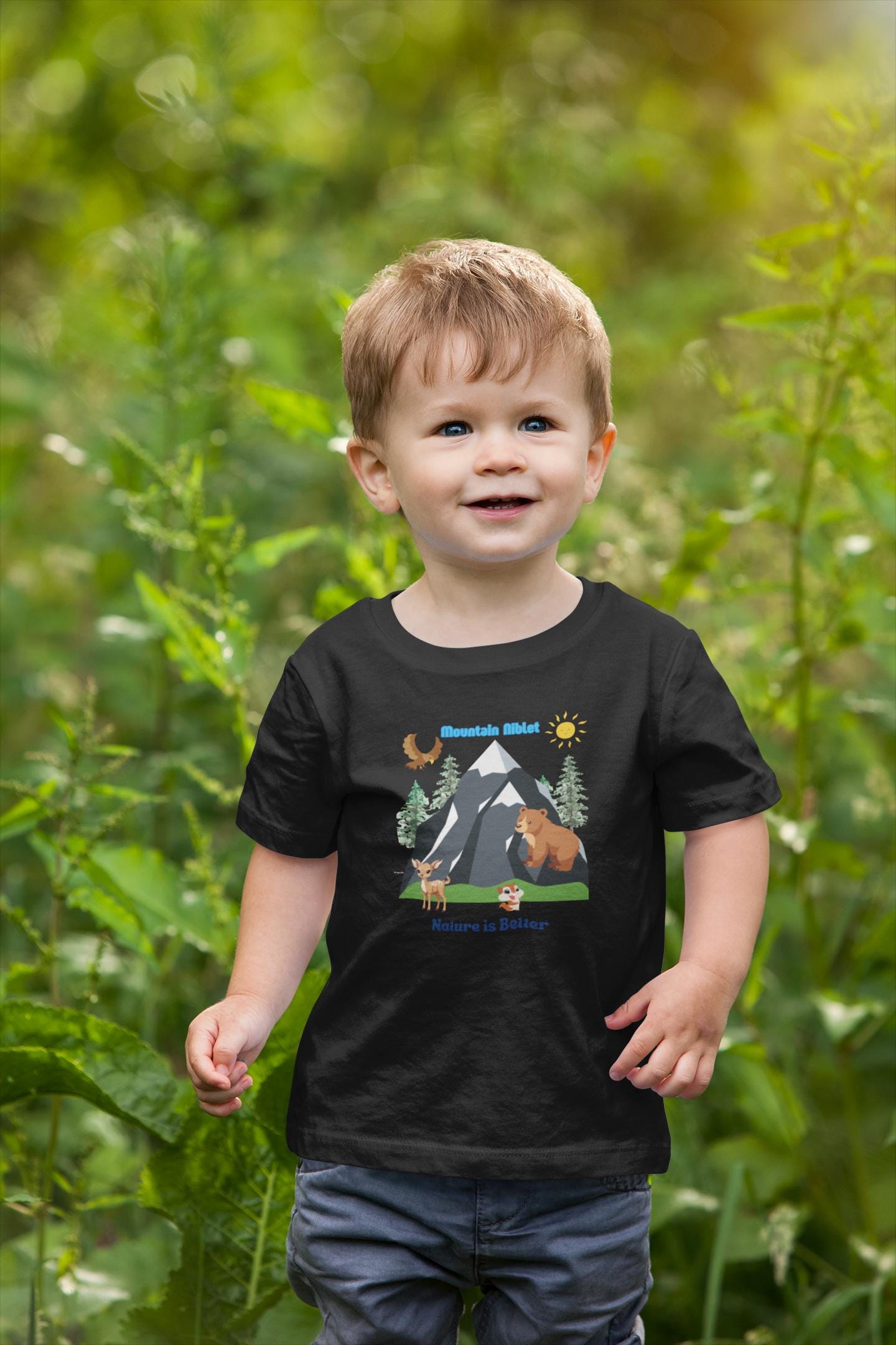 Baby jersey t-shirt/ cotton/ cute animals/ nature is better/ mountain scene/ niblet/ nature lover/