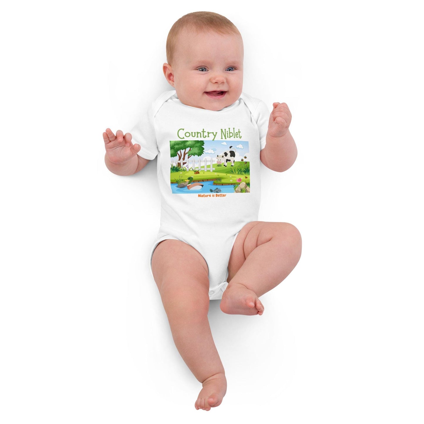 Organic cotton baby bodysuit Country farm animals cute colorful eco-friendly gender neutral rural scene
