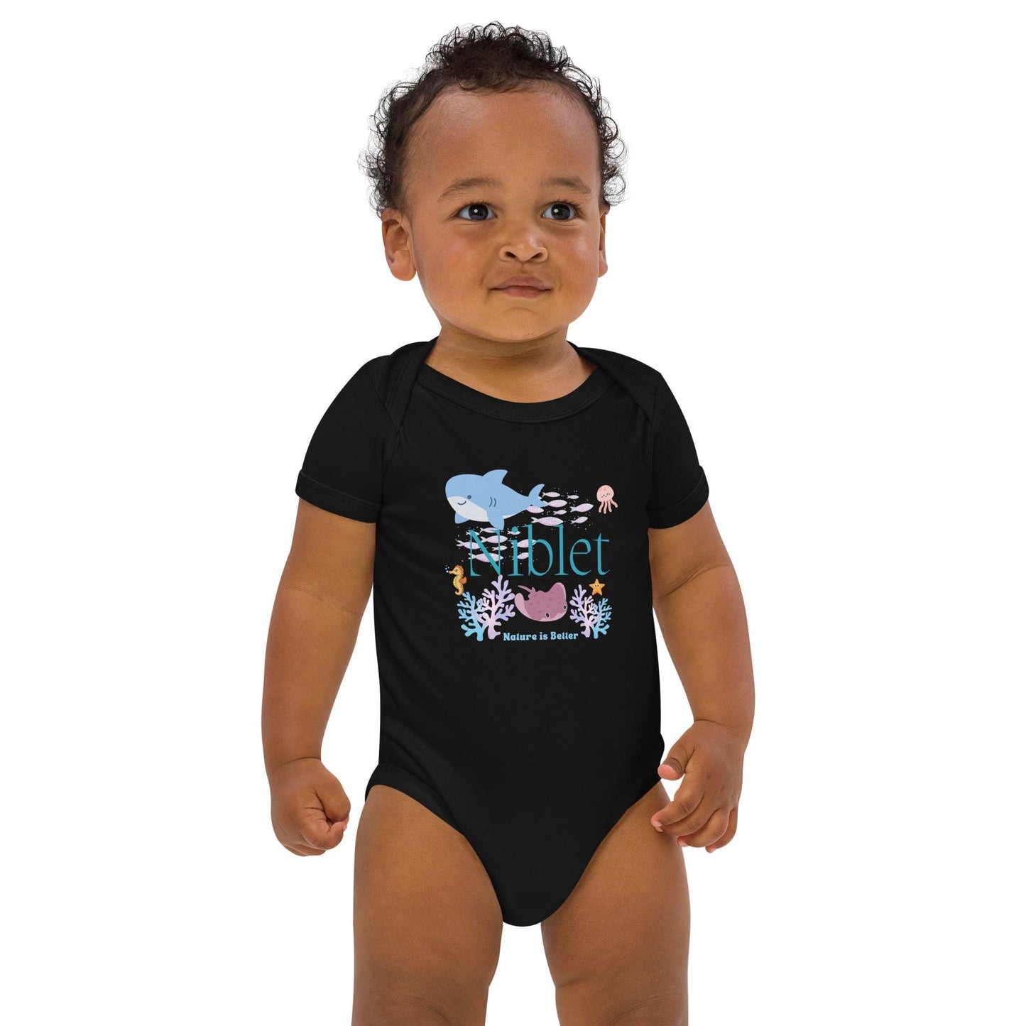 Organic cotton baby bodysuit ocean fish sea animals soft colorful onesie romper