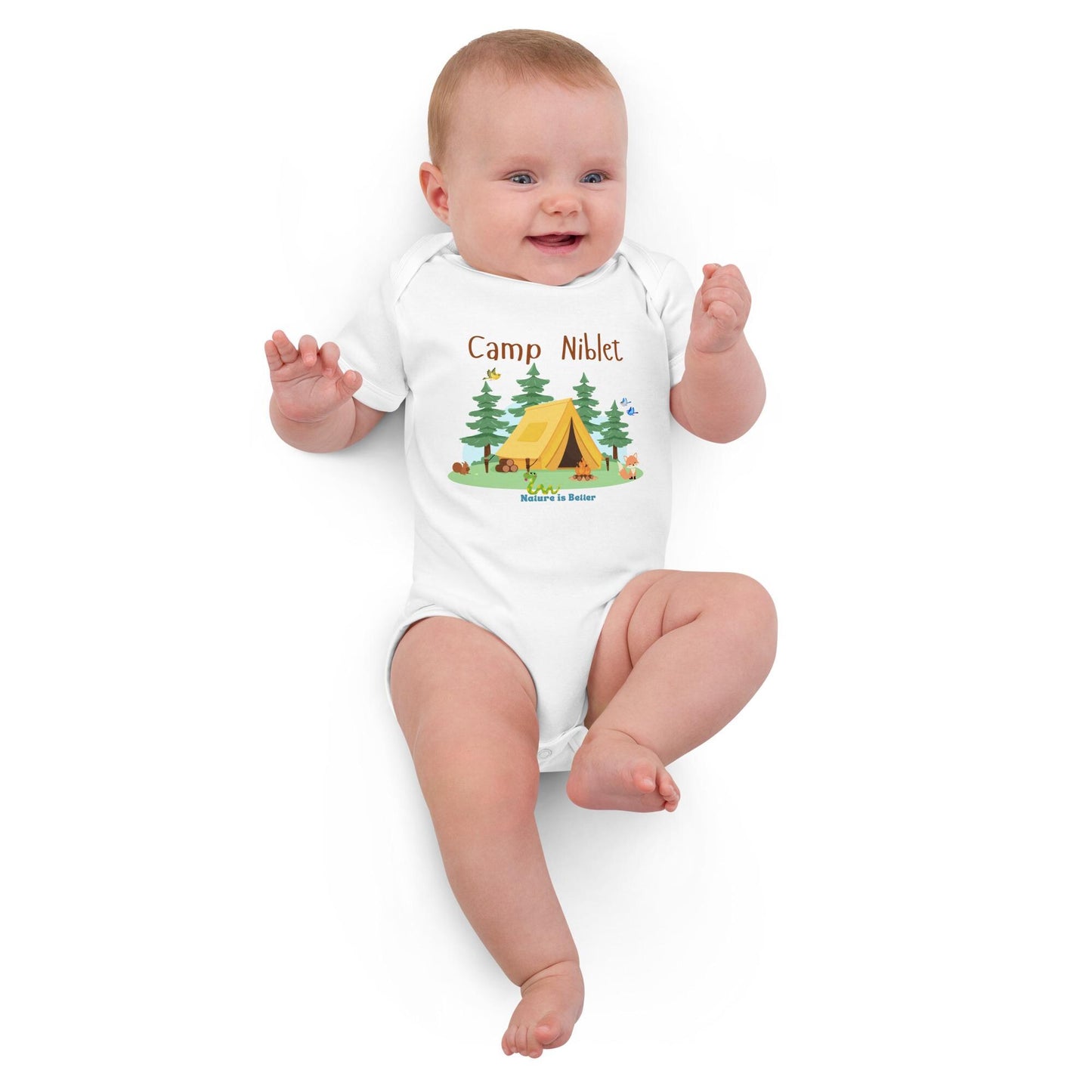 Organic cotton baby bodysuit with camp scene cute animals nature lover soft colorful