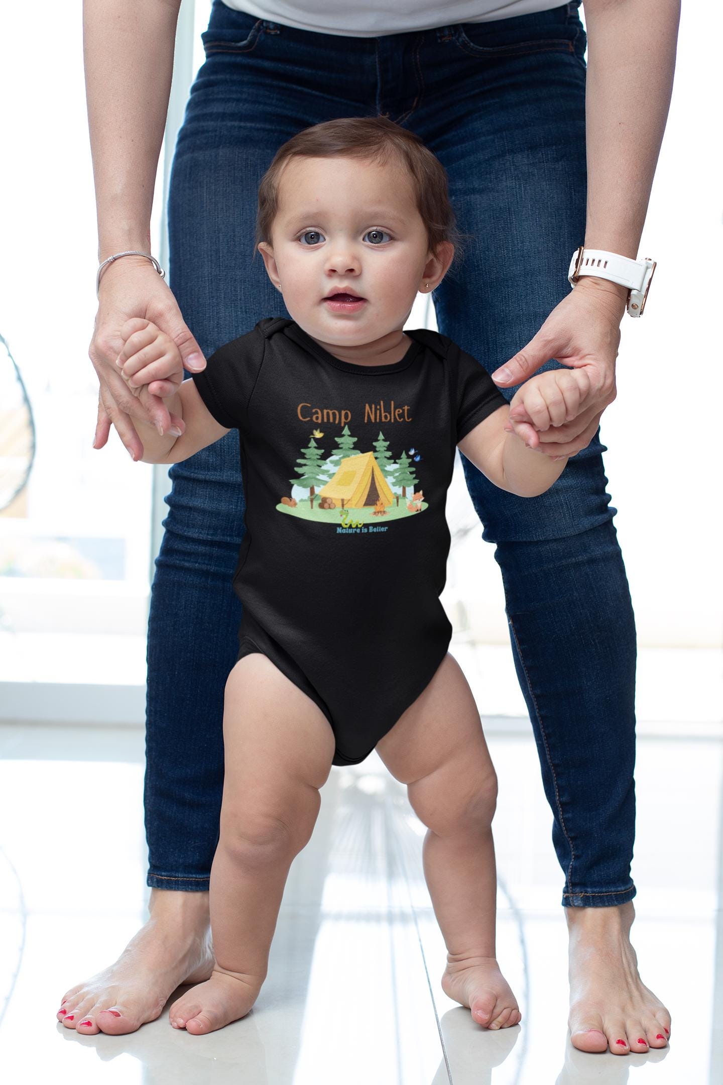 Organic cotton baby bodysuit with camp scene cute animals nature lover soft colorful